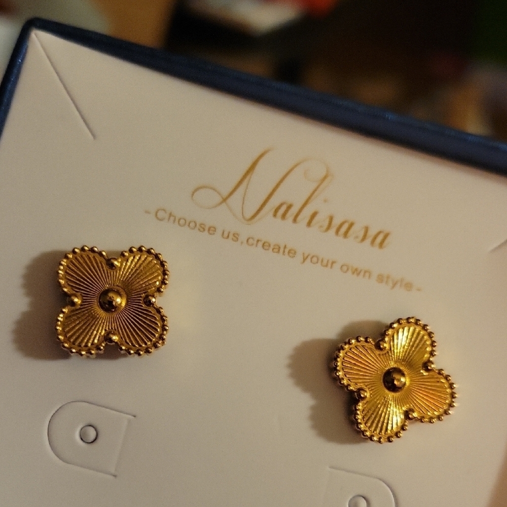 Nalisasa Qinpan Gold Tone Flower Earrings w Jewelry Cleaning Cloth